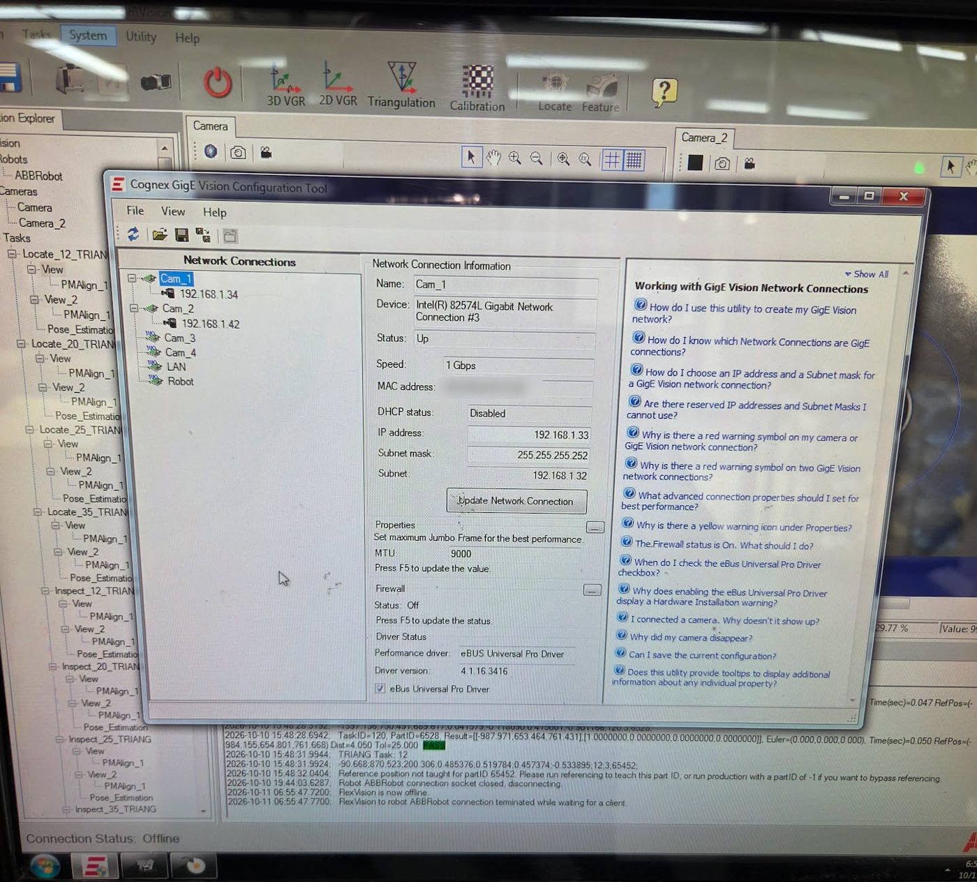 Cognex GigE Vision configuration tool showing camera network connections and settings