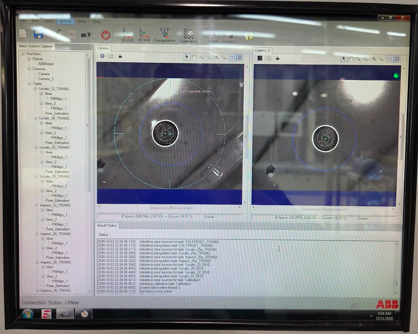ABB FlexVision on a cabinet screen with two camera views locked onto a hole and a list of locate and inspect tasks