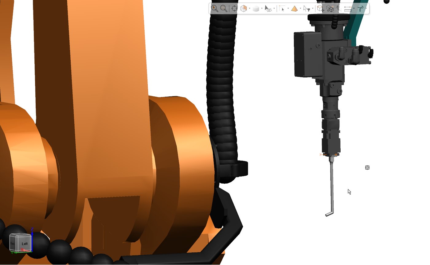 Simulation view of an orange paint robot wrist with the custom nozzle mounted on the tool