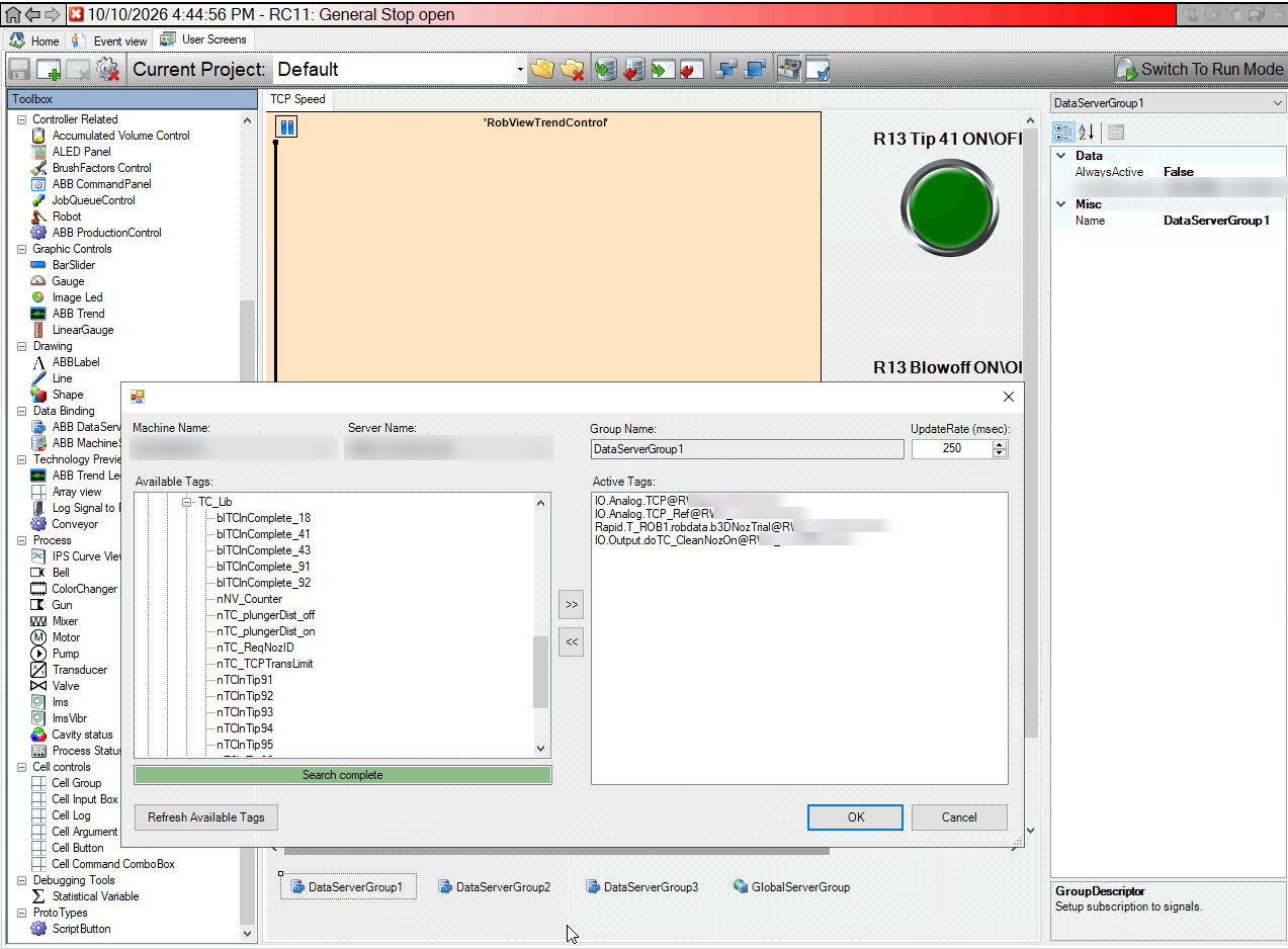 RobView screen editor with a TCP speed trend, on/off buttons, and the dialog for binding robot tags